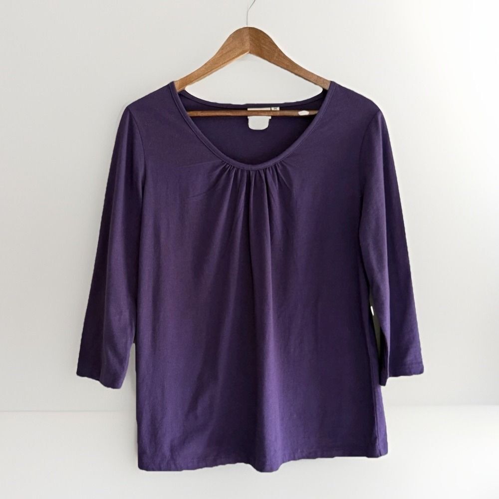 Hot Cotton Purple Top Round Neck 3/4 Sleeve Ruched Casual Classic Comfort Medium